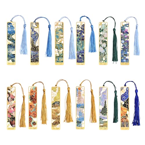 icceemee 12 Pieces of Gold Hollow Bookmarks with Tassels, Featuring Van Gogh and Monet Oil Painting Themes Perfect for Book Lovers, Writers, Readers, Children, Teenagers, Men, Women, and Adults - style: Oil Painting Themes 12