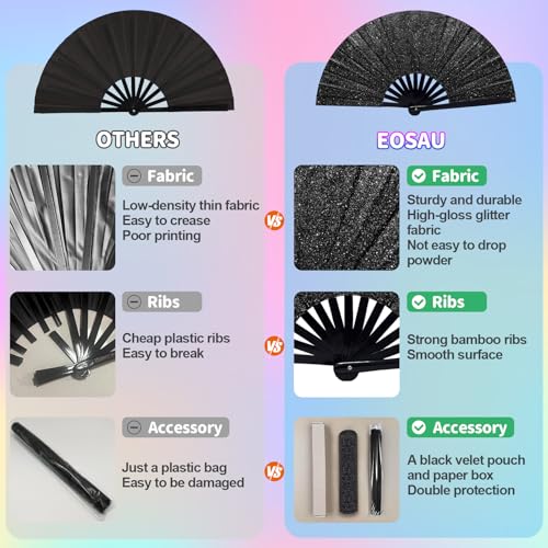 EOSAU Large Glitter Rave Fan Folding Hand Fans with Holster, Black - color: 13" Black Suit