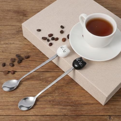 2 Pcs Cute Cat Spoon Set Cute Cat-Shaped Coffee Spoon Set Stainless Steel Tea Coffee Sugar Spoons Milk Drink Stirring Spoones Black and White Cat Design Cartoon Dessert Spoons Sets for Kitchen