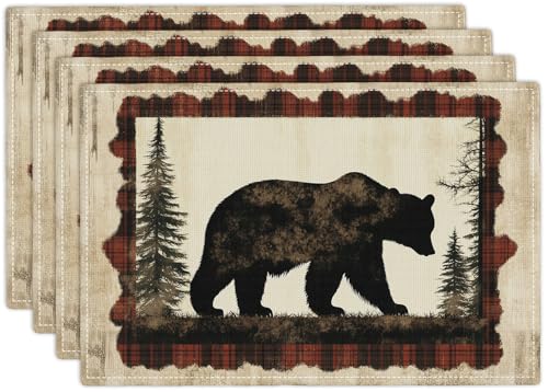 Bear Placemats Set of 4, Farmhouse Cabin Place Mats, Country Rustic Wild Animal Waterproof Washable Table Mats for Home Party Indoor Kitchen Dining Table Decoration 12x18 Inch - color: Bear, size: Set of 4