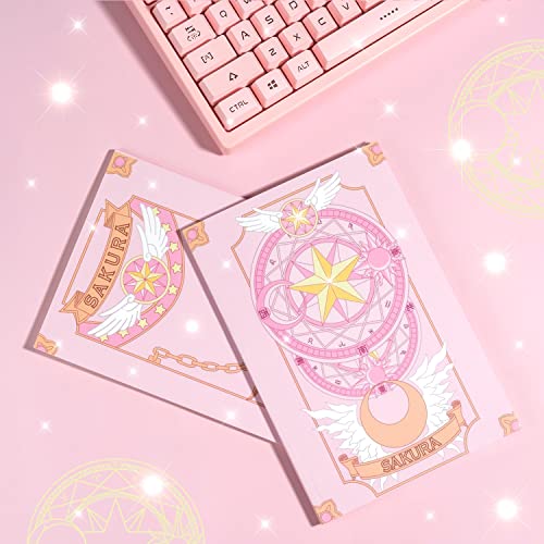 Sakura Anime Notebooks | Japanese Manga Kawaii Stationary Design for Girls Women | Cardcaptor Japanese Pastel Star Moon Wings Design | Ruled Lined Cute Travel Journal | Pack of 2 (Pink)