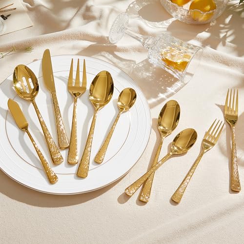 65 Piece Gold Silverware Set with Serving Utensils, 18/10 Stainless Steel - color: Gold, size: 65-Piece