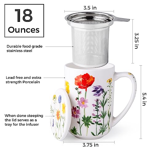 AmorArc Tea Cup With Infuser and Lid, 18oz Loose Leaf Tea Mug With Steeper - color: Wild Flowers