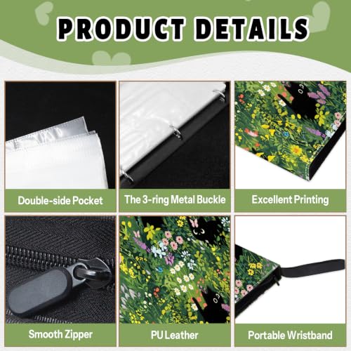 9 Pocket Card Binder for Girls, Cat Trading Card Binder 9 Pocket, Collectible Trading Card Holder for 900 Cards, PU Leather Binders Game Sports Cards Collector Albums with Zipper - color: Black Cat-Flowers, size: 900 Pockets