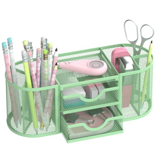 SUPEASY Mesh Desk Organizer, Pen Holder for Desk with 2 Drawers, MintGreen - color: Mint Green