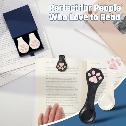 Ovesmusl 2Pcs PU Leather Paw Magnetic Bookmarks with Pen Holder - style: Paw (White+Black)