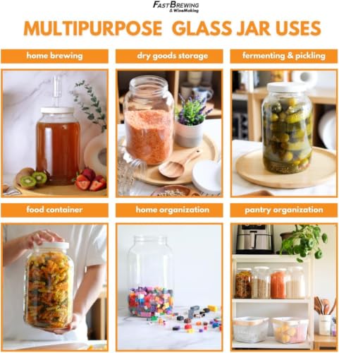 1 Gallon Glass Jar with Lid | 4-Pack Wide Mouth Set with 5 Metal Caps - size: 4 Pack