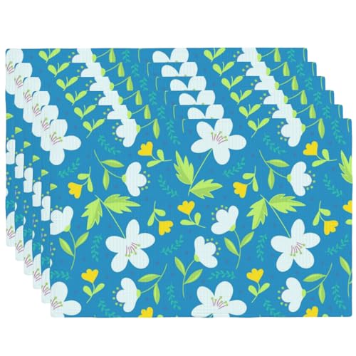 Yellow and White Flowers Placemats Set of 6 12x18 Inch - color: Light Blue, size: Set of 6