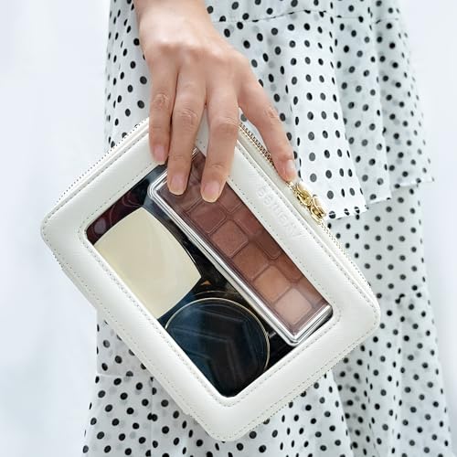 Aveniee Clear Makeup Bag Organizer Set,Portable Travel Toiletry Case for Women, Vegan Leather Cosmetic Pouch Car Bag for Essentials 2pcs,Middle & Large,Beige - color: Off-White, style: Double Style