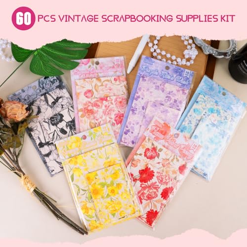 60 Pcs Scrapbook Supplies Kit Textured Paper, 6 Themes Vintage Craft Paper Kit，Relief Designs Decorative Paper，for Junk Journal Supplies，DIY Collage，Decoupage Card Making Supplies，Collage Background - color: C