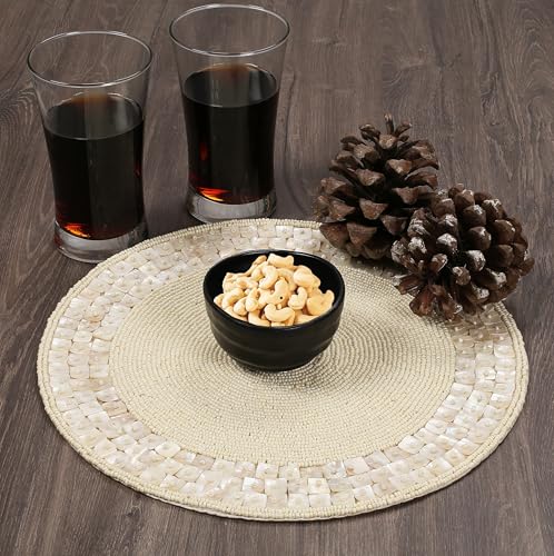 ALPHA Living HOME Ivory Beaded Placemat 13 Inch Round Glass Bead Dining Mat - color: Ivory, size: Set of 1