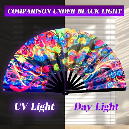 13 Inch Large Rave Fan & Clack Fan for Line Dancing - Folding Hand Fan with UV Glow for Boots on The Ground, Performance, Wedding, Party - Portable Handheld Fan for Women & Men - color: Life Tree*1