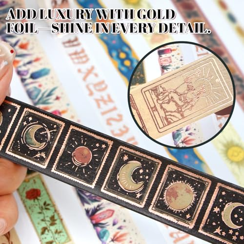 Gold Foil Tarot Washi Tape Set, 23 Rolls Vintage Decorative Washi Tape with 14 Gold Foil Designs, Assorted Widths for Journaling, Scrapbooking, Bullet Journal, Planner, Card Making & DIY Crafts