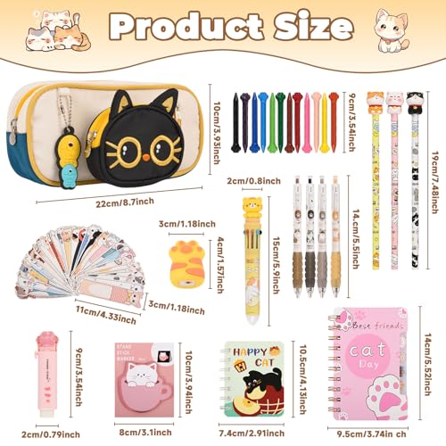 Ulema 60Pcs Cute Cat Stationery Set Birthday Gifts for Boys Girls Back to School and Classroom Rewards Office Supplies with Cat BallPoint Pen, Pencils, Erasers, Sticky Notes etc. - style: cat