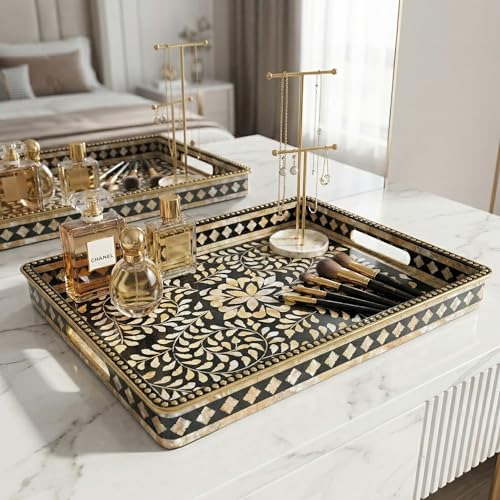 Boho Serving Tray with Handles, 15.7”x11.8” Rectangular Decorative Plastic Tray (Vintage Black & Gold) for Coffee Table, Ottoman, Living Room – Multipurpose Deco - color: Black&white