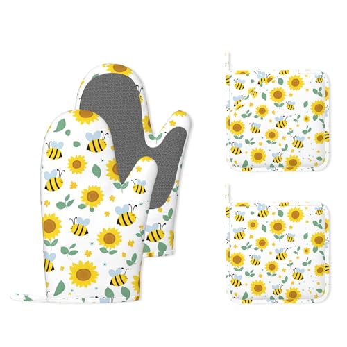 Cute Bee Sunflower Heat-Resistant Silicone Oven Mitts and Pot Holders 4 Piece Set,Extra Long Non-Slip Kitchen Oven Gloves for Cooking, Baking, BBQ,Grilling - color: Cute Bee Sunflower