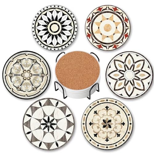 Baalaka Coasters Set of 6 with Holder, 4 in Absorbent Ceramic Boho Mats