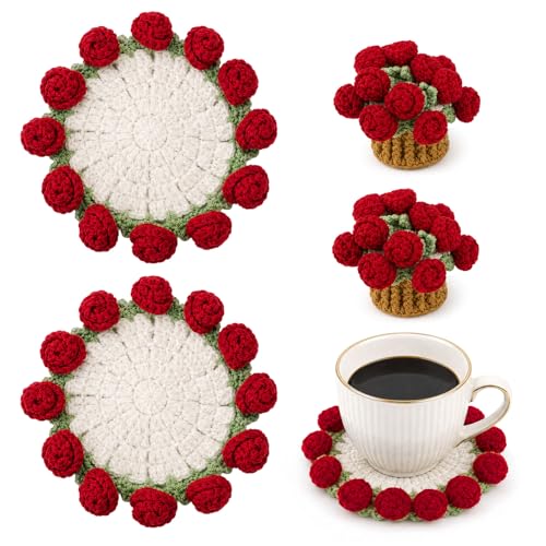 Crochet Flowers Coasters with Basket,Handmade Rose Bouquet Blanket Kawaii Decor Coaster for Desk,Coffee Table,Home Decor,Wedding Gift,Housewarming,Birthda(2Pcs) (Red) - color: Red