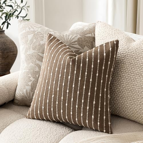 Foindtower Decorative Striped Boucle Throw Pillow Covers 18x18 Inch Brown - color: Brown, size: 18" x 18" (Pack of 2)