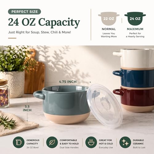 AmorArc 24 oz Soup Bowls with Lids, Ceramic Soup Containers with Handle - color: Beige&Gray, size: Set of 2