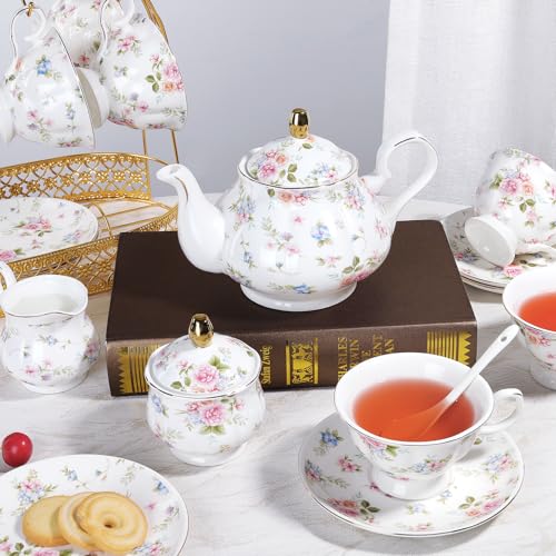 fanquare 21 Piece Vintage Pink Blue Floral Porcelain Tea Set with Gold Trim
