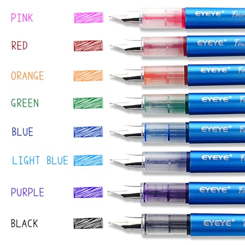 EYEYE Disposable Fountain Pens for Writing, Medium Point, 8 Assorted Colors - color: Multicolor