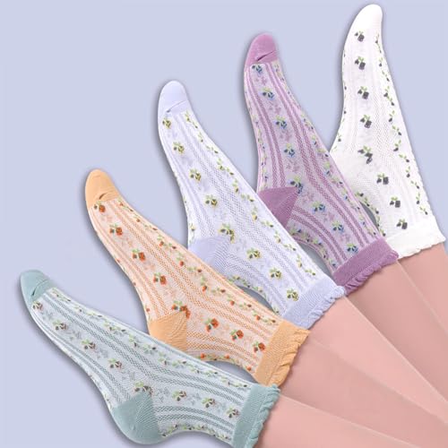 DXYAKY 5 Pairs Womens Floral Cotton Socks Vintage Patterned Crew Socks Novelty Ankle Ruffled Warm Casual Dress Socks - color: 5 Pairs - Colorful Floral