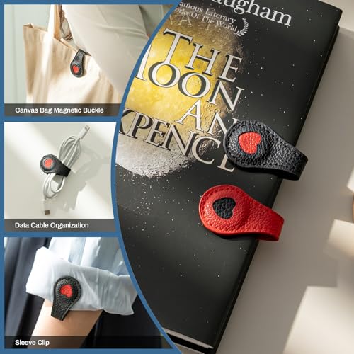 Ovesmusl 2Pcs PU Leather Heart Magnetic Bookmarks with Pen Holder - style: Heart (Red+Black)