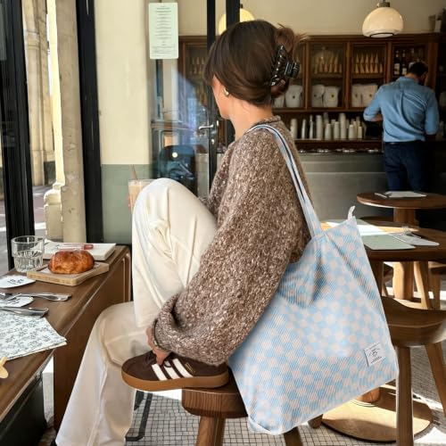 KALIDI Women Corduroy Tote Bag Zipper Casual Tote's Handbag Big Capacity Shoulder Bag with Pockets - color: Checkerboard Blue