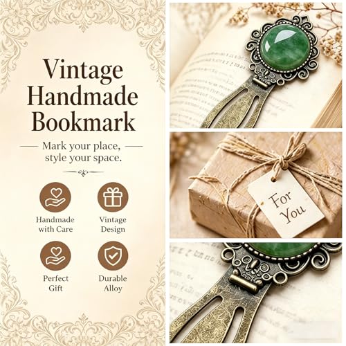 1Pcs Vintage Green Aventurine Bookmark with Natural Crystal Stone - Fantasy Brass Metal Green Jade Bookmarks for Reading Women, Men, Book Lovers, Girls and Teachers Book Marks(Green Jade) - color: Green Jade