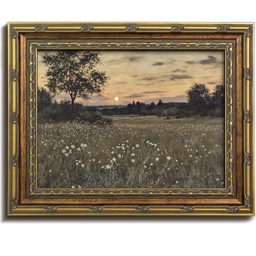 Vodefoad Vintage Firefly Field Landscape Gold Framed Wall Art, Evening Countryside Scene, Glowing Firefly Field Under a Moody Evening Sky, Retro Rustic Botonical Fall Wall Decor for Rustic Homes, Countryside Decor, or Moody Wall Art Lovers - 9x12Inch - co