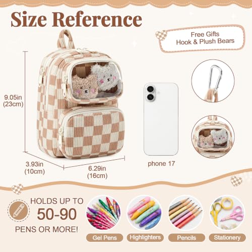 Cute Pencil Case, Soft Corduroy Pencil Pouch, Large Capacity Pencil Bag, Mini Backpack Aesthetic Pen Organizer for Stationery for Students Teen Girls Women, Khaki Checkered - color: Khaki Checkered