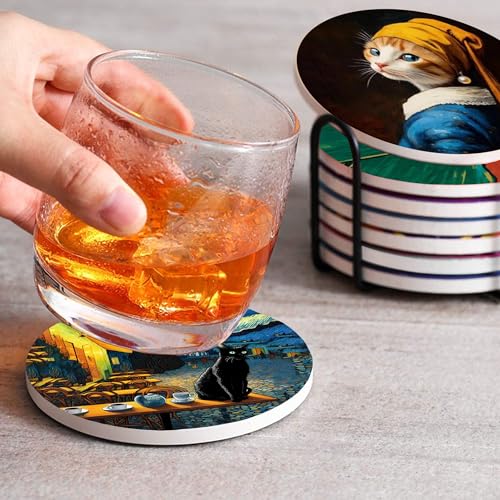 4inch Round Fun cat-Themed Marble Coaster with Storage Rack 8pcs - color: Cat Coasters