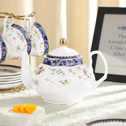 fanquare 21-Piece Blue Lace and Roses Bone China Tea Sets for Adults - color: Blue and Roses