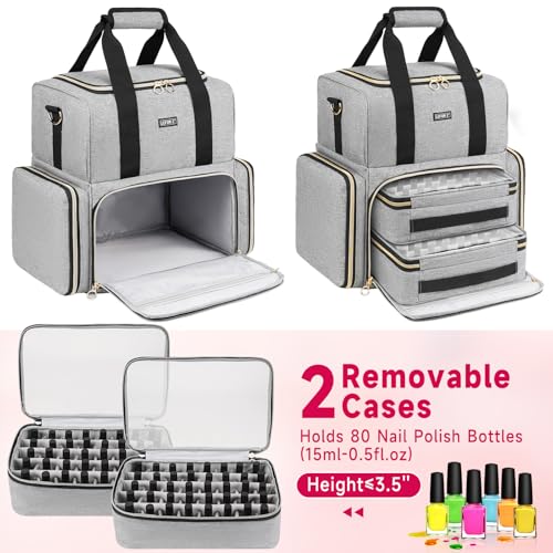 LEFOR·Z Nail Polish Organizer Holds 80+ Bottles,Nail Polish Carrying Case with 2 Removable Bags,Nail Organizers and Storage for Nail Tech,Nail Polish Supplies Holder,Mother Day Gift for Women Grils - color: Grey