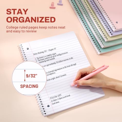 SUNEE Spiral Notebooks, 1-Subject, 5 Pack, College Ruled Paper, 8" x 10-1/2", 70 Sheets per Notebook,3-Hole Punched Paper, Pink,Purple, Blue, Green, Yellow Spiral Lined Notebooks for School,Work - style: Pastel | 5 Pack