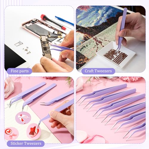 Honoson 9 Pcs Curved Pointed Craft Tweezers Precision Tweezer,Purple - color: Purple