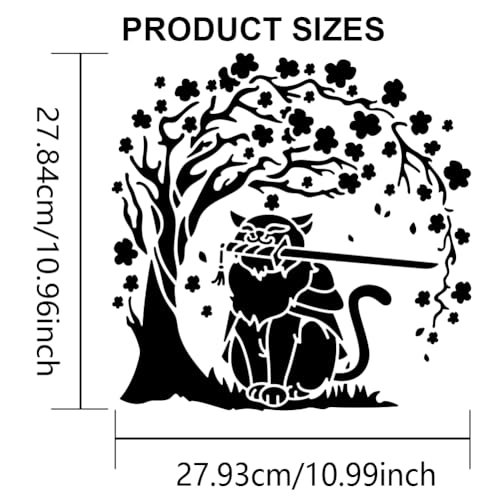 MAYJOYDIY Cherry Blossoms Cat Stencil 11.8×11.8inch Large Katana Stencil with Paint Brush Square Japanese Style Drawing Template for Wood Walls Canvas Furniture Crafts Art Projects - color: Cherry Blossoms Cat
