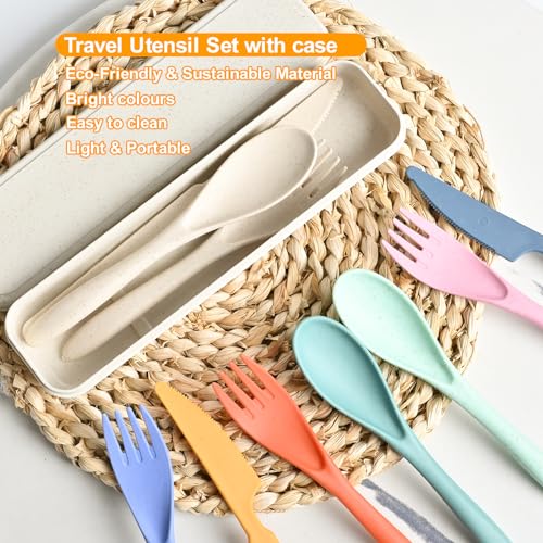 Travel Utensils Set with Case, 8 Sets Camping Utensils Reusable Wheat Straw Utensils Set With Case, Knife Spoon and Fork Set for Lunch Box - color: Multicolor