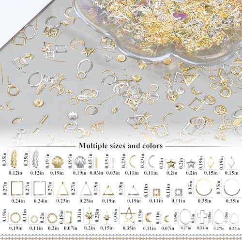 5 Boxes Gold Silver 3D Metal Punk Studs Star Moon Heart Triangle Ring Square Rivet Gems Nail Art Jewels and 4 Sheets Nail Stickers with a Curved Tweezers and a Nail Brush (Gold & Silver) - color: 3-gold & silver