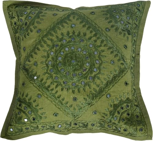 Indian Mirror Embroidered Decorative Sofa Throw Pillow Cushion Cover Boho Bohemia (Light Green, 18 x 18) - color: Light Green, size: 18" x 18" (Pack of 1)