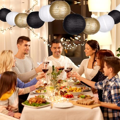 Paper Lanterns Party Decorations, 15 Pcs Black Gold White, 4-12 Inch - color: Black Gold