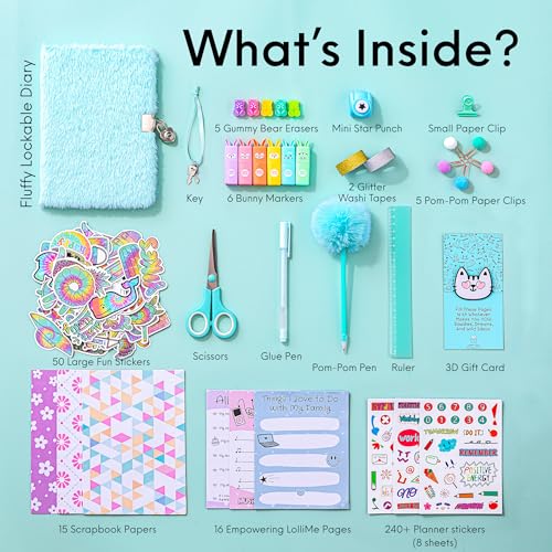 HAPPY LOLLI Mint LolliME DIY Journal Kit for Tween & Teen Girls Ages 8–14, Birthday Gift, 300+ Pieces Lockable Diary Set, Arts & Crafts, Scrapbook & Creative Journaling - color: Mint LolliME