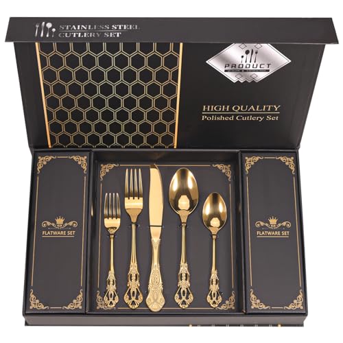 Retro Royal Gold Silverware Set With Gift Box, 20-Pieces Cutlery Set Utensils Stainless Steel Flatware For 4 MIKIWAY Kitchen Tableware Set For Gifts Festive, Dishwasher Safe, Mirror Polishing - color: A-Mirror Gold (Gift Box)