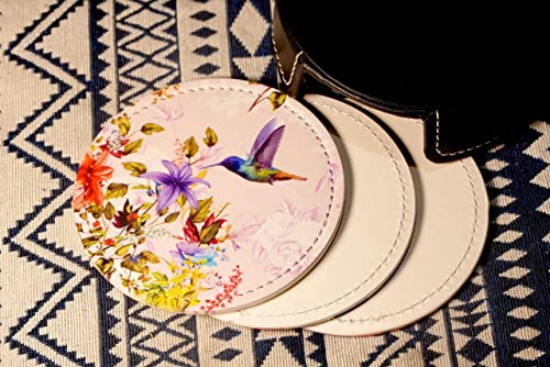 Hummingbirds Bird Flower Coasters for Drinks with Holder Leather Coasters Set of 6 Table Decor Protect Furniture from Water Marks Scratch and Damage - color: Black6
