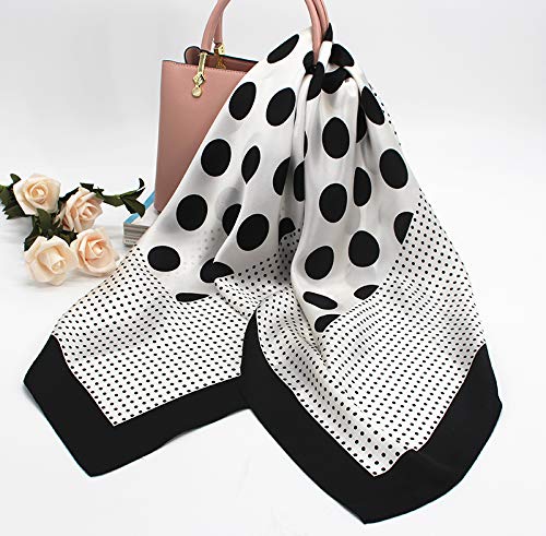 ANDANTINO 100% Mulberry Silk Scarf -Women 35" Square Hair Wraps-Gift Packed - color: Black&ivory Polka Dots