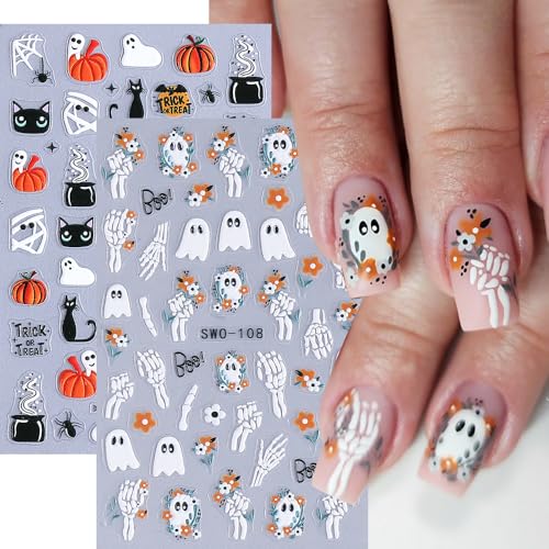 Halloween Nail Art Stickers Decals 3D Cute Ghost Black Cat Halloween Nail Stickers 4PCS Pumpkin Spider Web Skeleton Flower 3D Embossed Nail Decals Manicure Sliders for Women Nail Art Decorations - style: style1