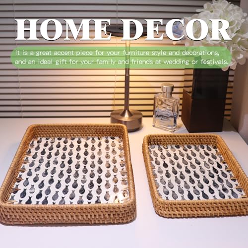 2 Pcs Rattan Mother of Pearl Serving Tray, Wicker Woven Coffee Table Tray - color: Black Fish