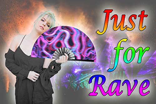 OMyTea Large Rave Clack Folding Hand Fan for Men/Women - Chinese Japanese Bamboo Handheld Fan - for EDM, Music Festival, Club, Event, Party, Dance, Performance, Decoration, Gift (Psychedelic Neon) - color: Psychedelic Neon