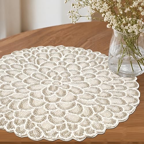 Handmade Beaded Placemats - 13 Inch Round Dining Table Mats - Elegant Glass Beads with Cotton Backing - Decorative Tableware for Weddings, Holidays, and Home Décor (Ivory White) - ALPHA Living HOME - color: Ivory White, size: Set of 1